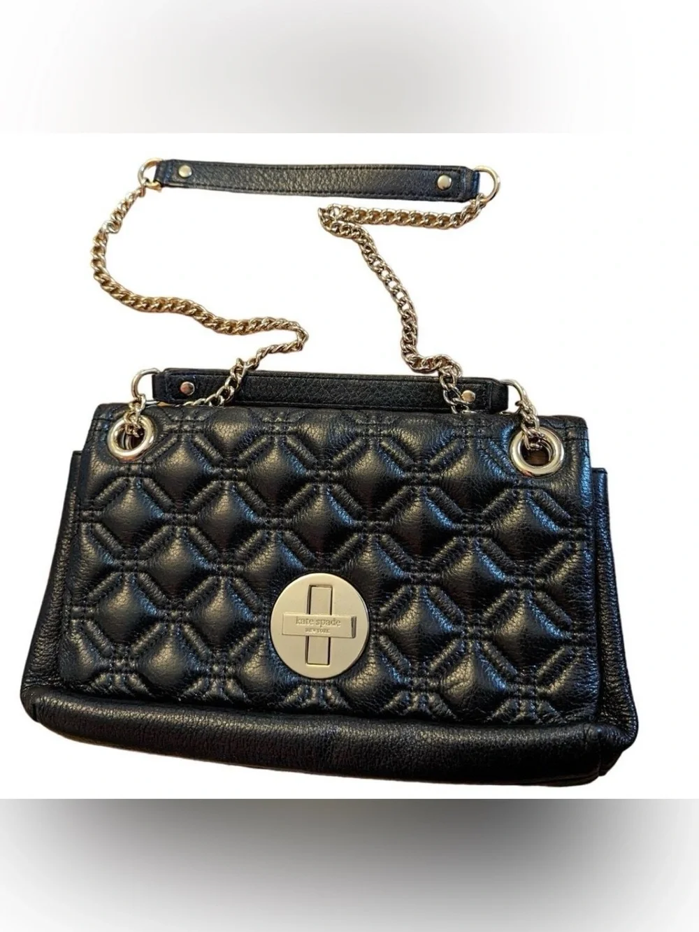kate spade Black Quilted Leather Shoulder Bag with adjustable Gold Chain